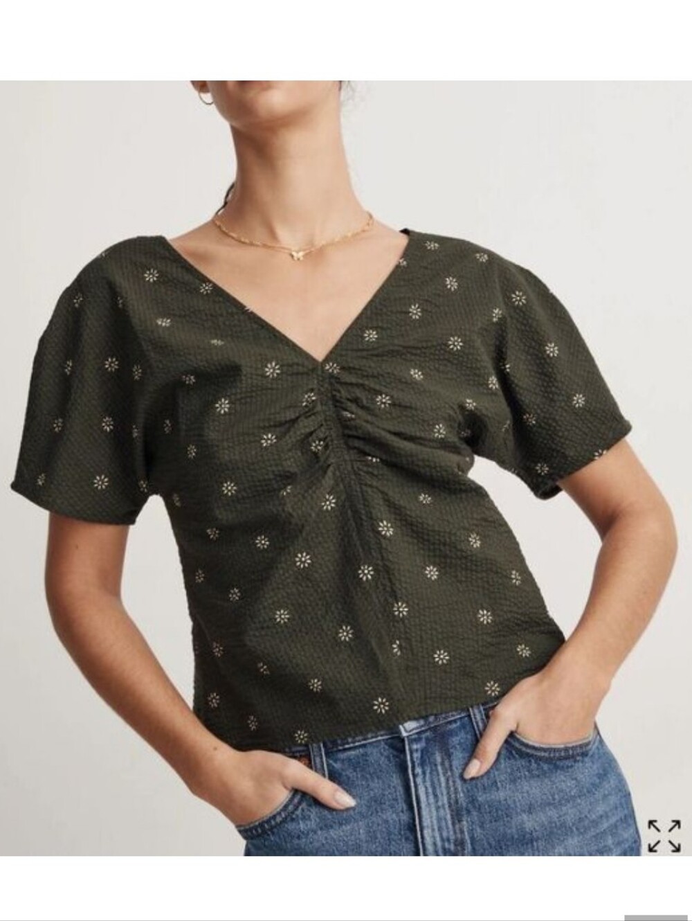 Madewell Olive Floral Ruched V-Neck Puff Sleeve Top